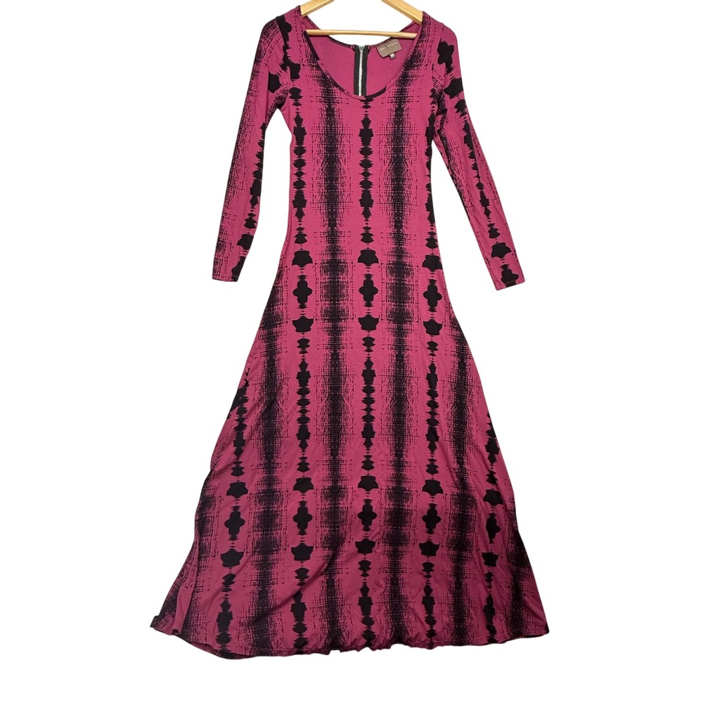 Bel Kazan Maxi Dress Long Sleeve Pink‎ Black Print Casual XS